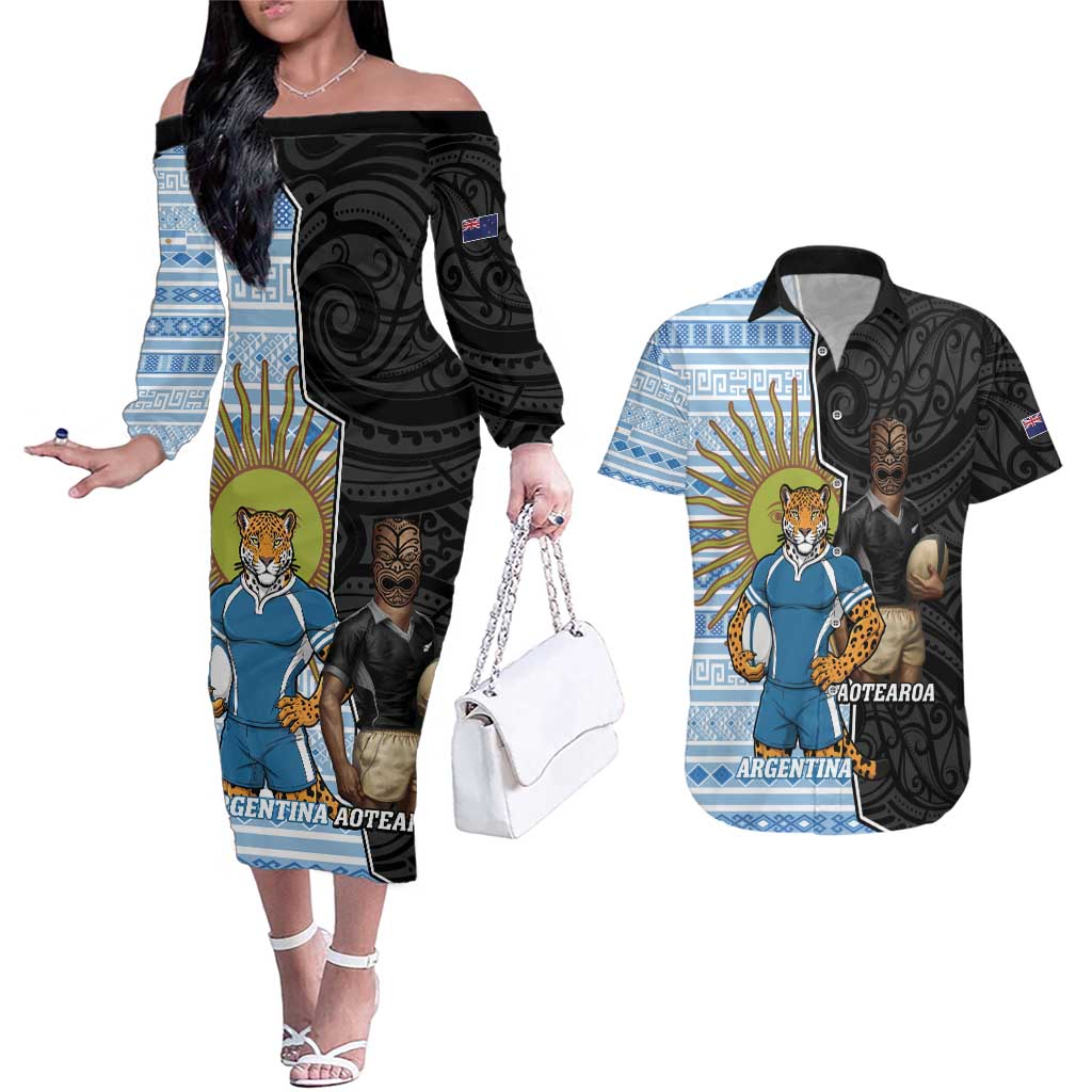 New Zealand Argentina Rugby Custom Couples Matching Off The Shoulder Long Sleeve Dress and Hawaiian Shirt 2025 Los Pumas All Black Together LT14 Black - Polynesian Pride