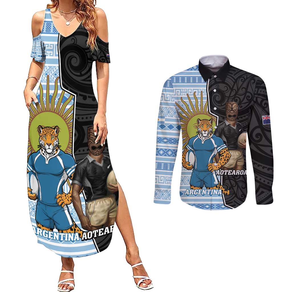 New Zealand Argentina Rugby Custom Couples Matching Summer Maxi Dress and Long Sleeve Button Shirt 2025 Los Pumas All Black Together - Polynesian Pride