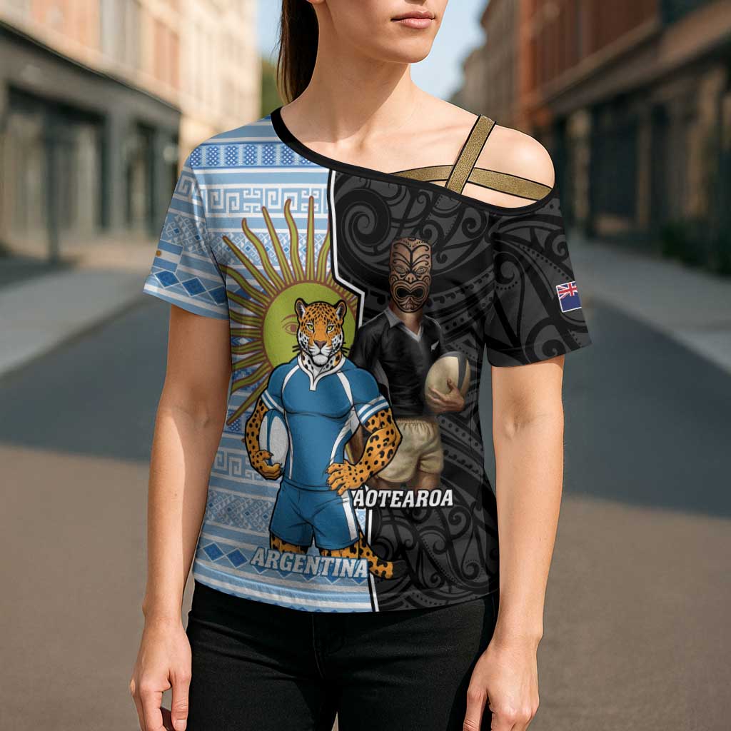 New Zealand Argentina Rugby Custom Cross Shoulder Shirt 2025 Los Pumas All Black Together - Polynesian Pride