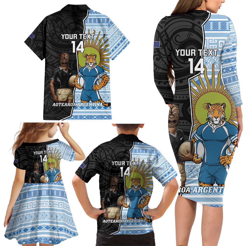 New Zealand Argentina Rugby Custom Family Matching Long Sleeve Bodycon Dress and Hawaiian Shirt 2025 Los Pumas All Black Together LT14 - Polynesian Pride