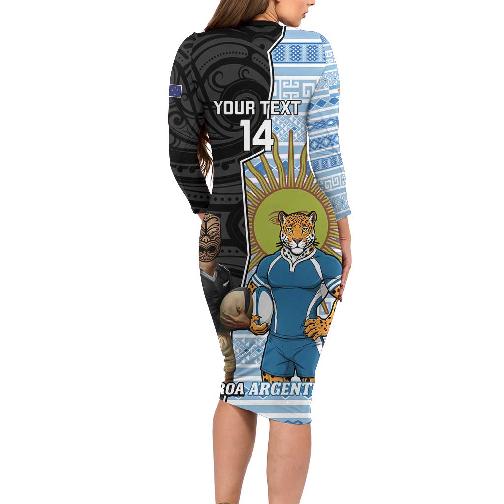 New Zealand Argentina Rugby Custom Family Matching Long Sleeve Bodycon Dress and Hawaiian Shirt 2025 Los Pumas All Black Together LT14 - Polynesian Pride