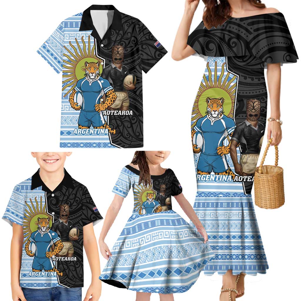 New Zealand Argentina Rugby Custom Family Matching Mermaid Dress and Hawaiian Shirt 2025 Los Pumas All Black Together LT14 - Polynesian Pride
