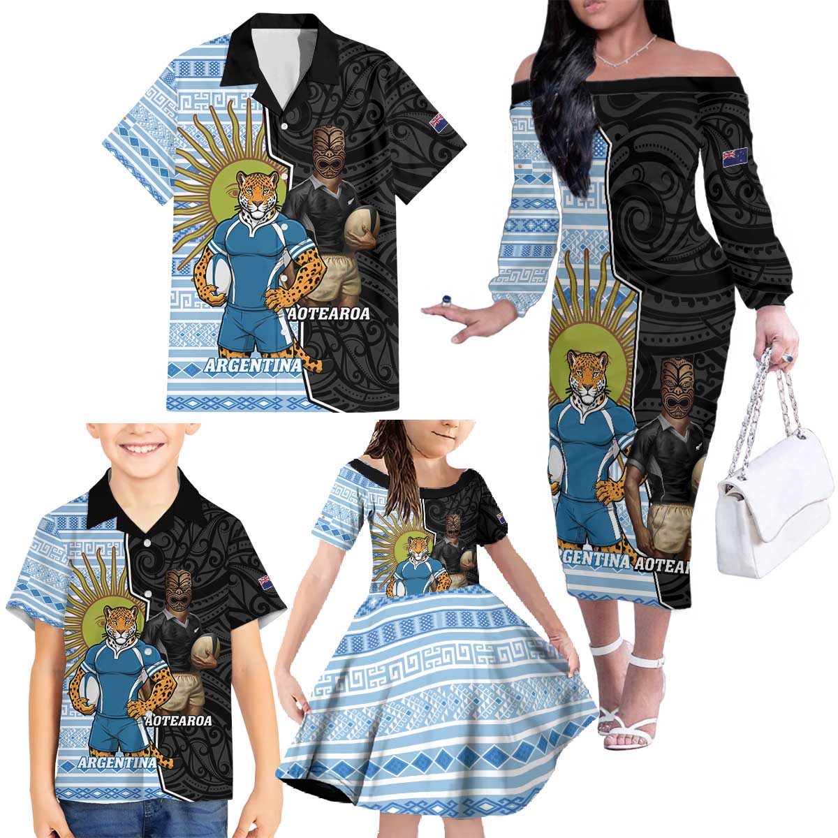 New Zealand Argentina Rugby Custom Family Matching Off The Shoulder Long Sleeve Dress and Hawaiian Shirt 2025 Los Pumas All Black Together LT14 - Polynesian Pride