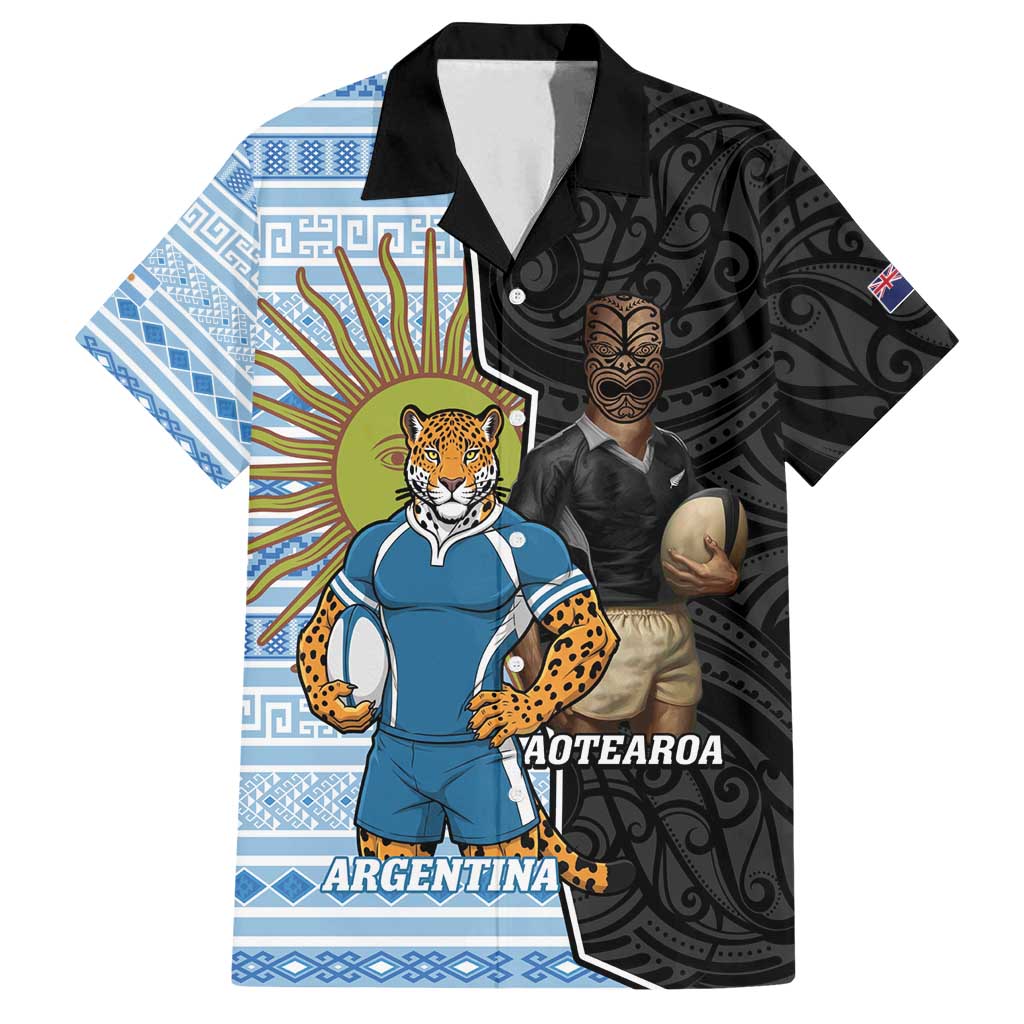 New Zealand Argentina Rugby Custom Family Matching Off Shoulder Maxi Dress and Hawaiian Shirt 2025 Los Pumas All Black Together LT14 Dad's Shirt - Short Sleeve Black - Polynesian Pride