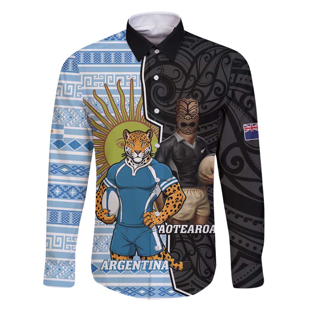 New Zealand Argentina Rugby Custom Family Matching Off Shoulder Short Dress and Hawaiian Shirt 2025 Los Pumas All Black Together LT14 Dad's Shirt - Long Sleeve Black - Polynesian Pride