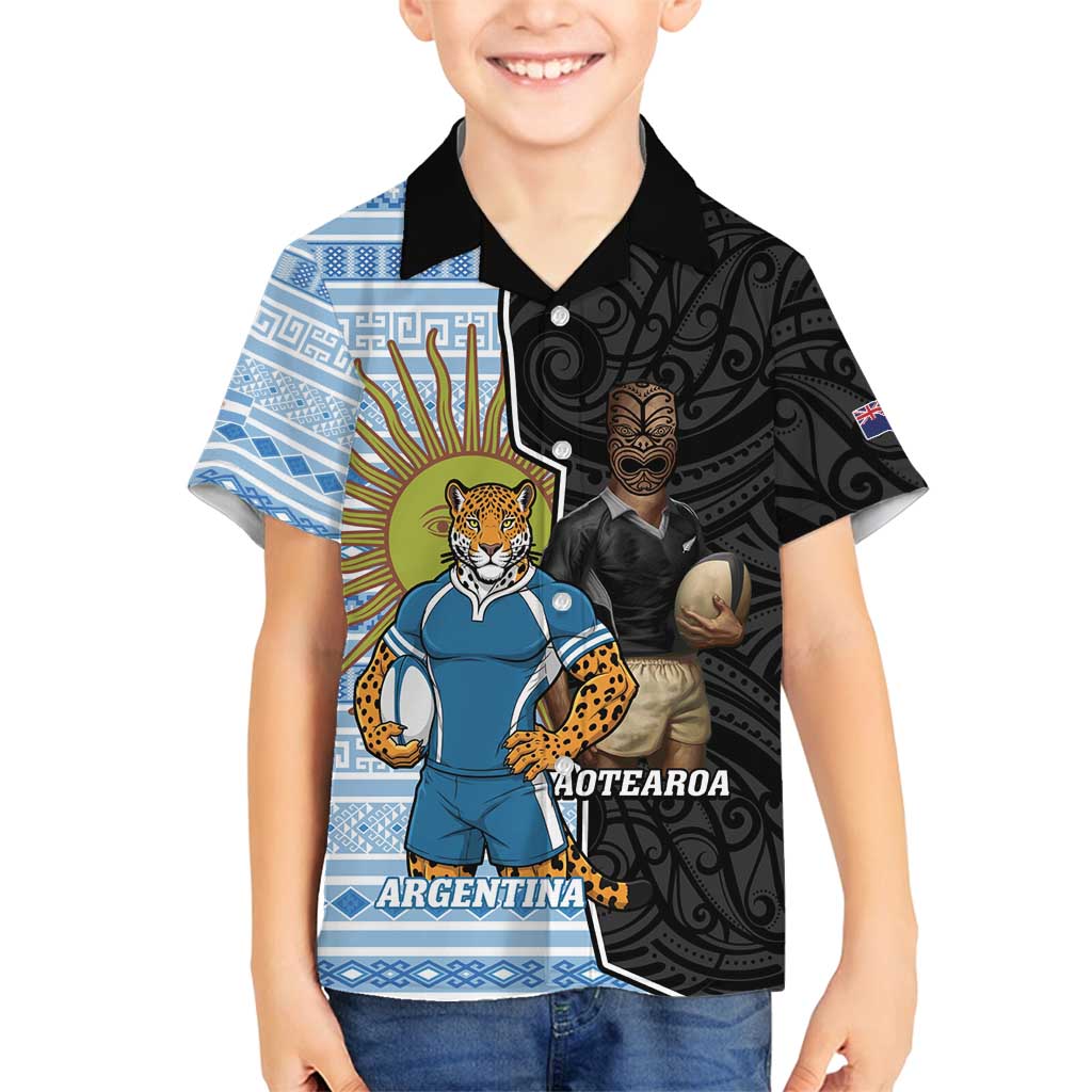 New Zealand Argentina Rugby Custom Family Matching Off Shoulder Short Dress and Hawaiian Shirt 2025 Los Pumas All Black Together LT14 Son's Shirt Black - Polynesian Pride