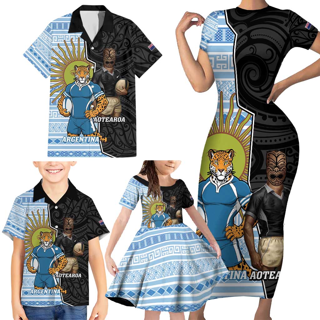 New Zealand Argentina Rugby Custom Family Matching Short Sleeve Bodycon Dress and Hawaiian Shirt 2025 Los Pumas All Black Together LT14 - Polynesian Pride