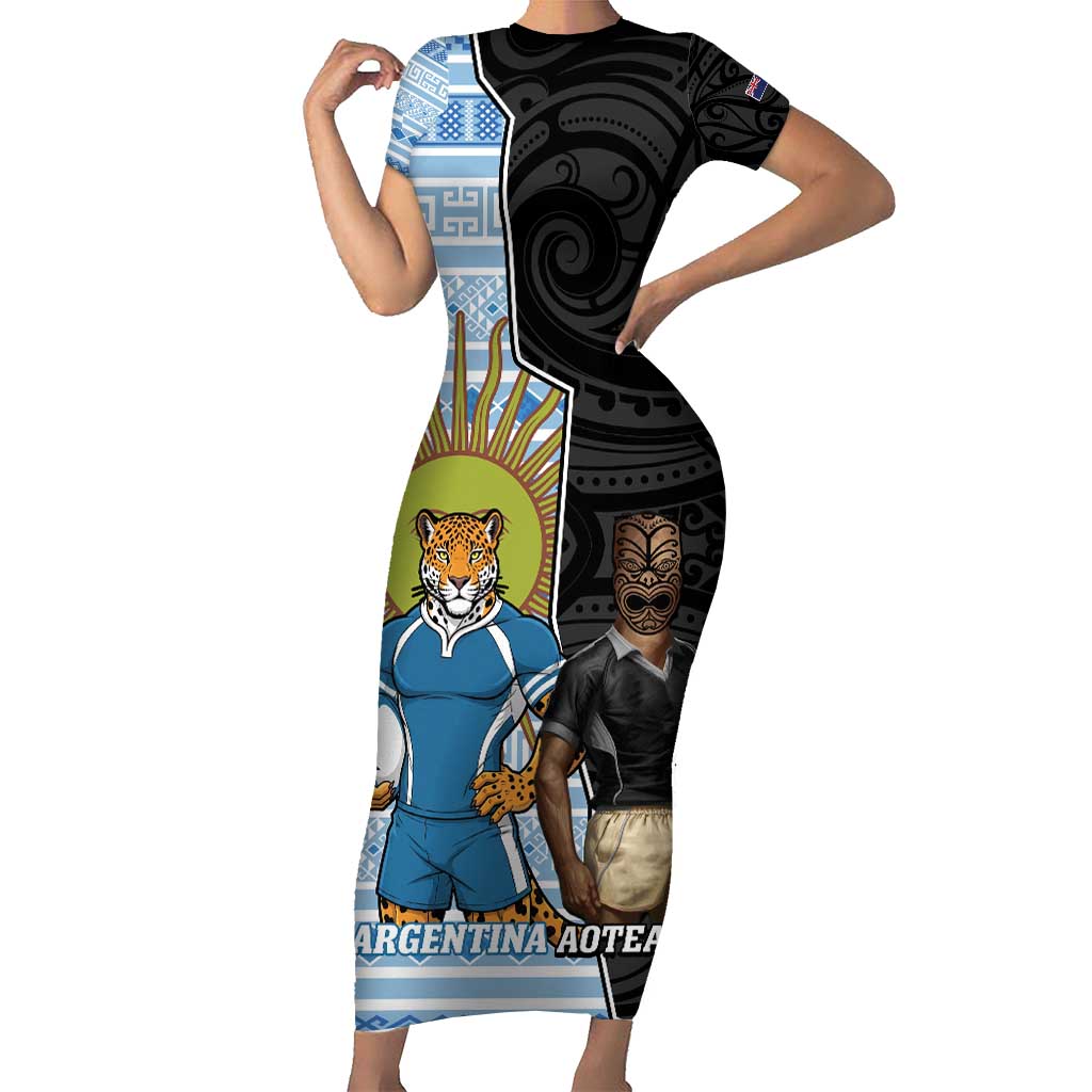 New Zealand Argentina Rugby Custom Family Matching Short Sleeve Bodycon Dress and Hawaiian Shirt 2025 Los Pumas All Black Together LT14 Mom's Dress Black - Polynesian Pride