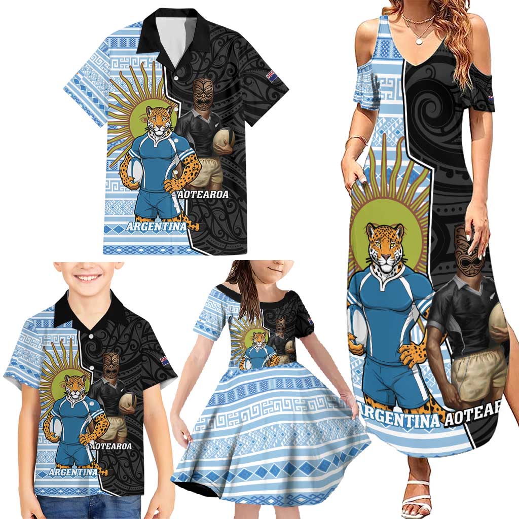 New Zealand Argentina Rugby Custom Family Matching Summer Maxi Dress and Hawaiian Shirt 2025 Los Pumas All Black Together LT14 - Polynesian Pride