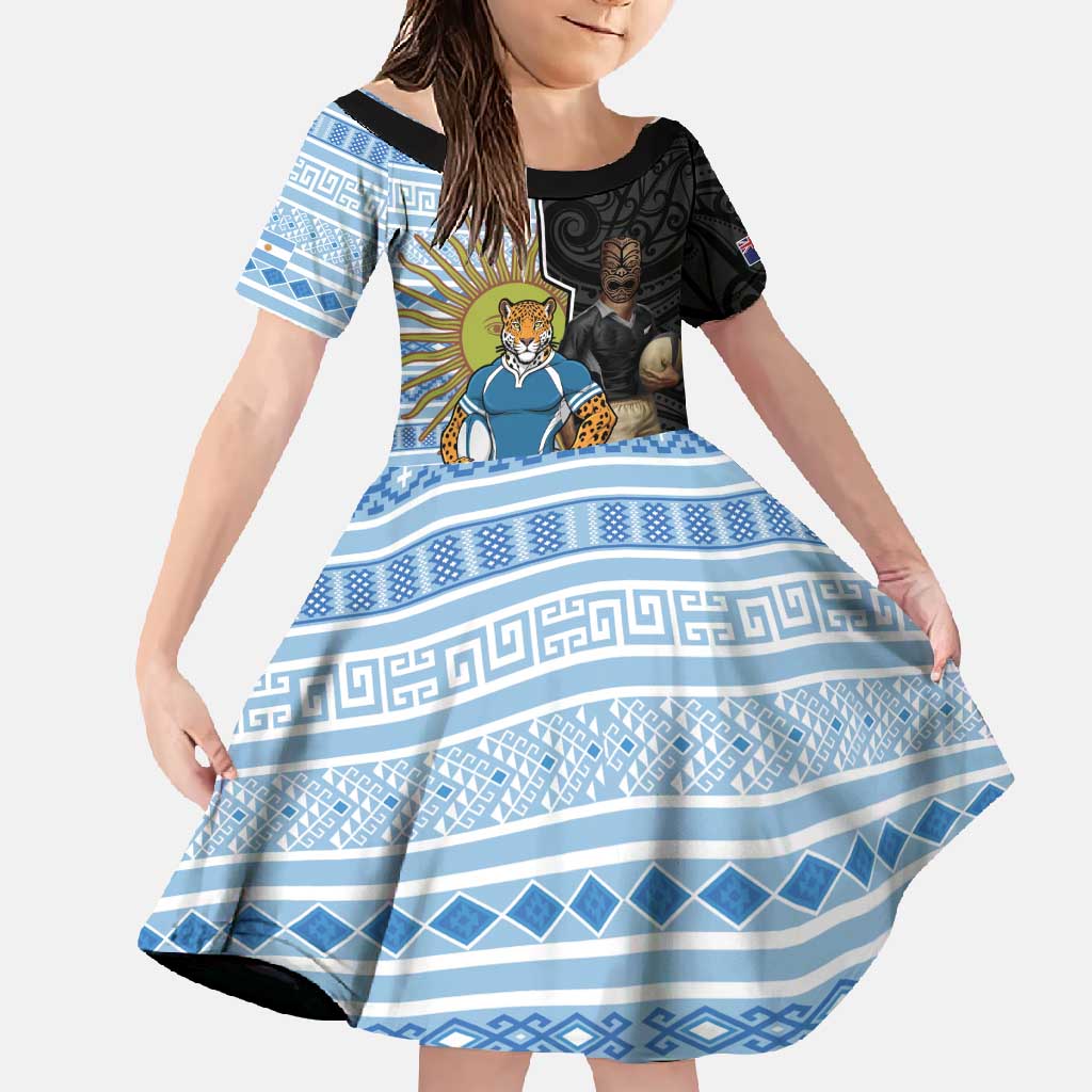 New Zealand Argentina Rugby Custom Family Matching Tank Maxi Dress and Hawaiian Shirt 2025 Los Pumas All Black Together LT14 Daughter's Dress Black - Polynesian Pride