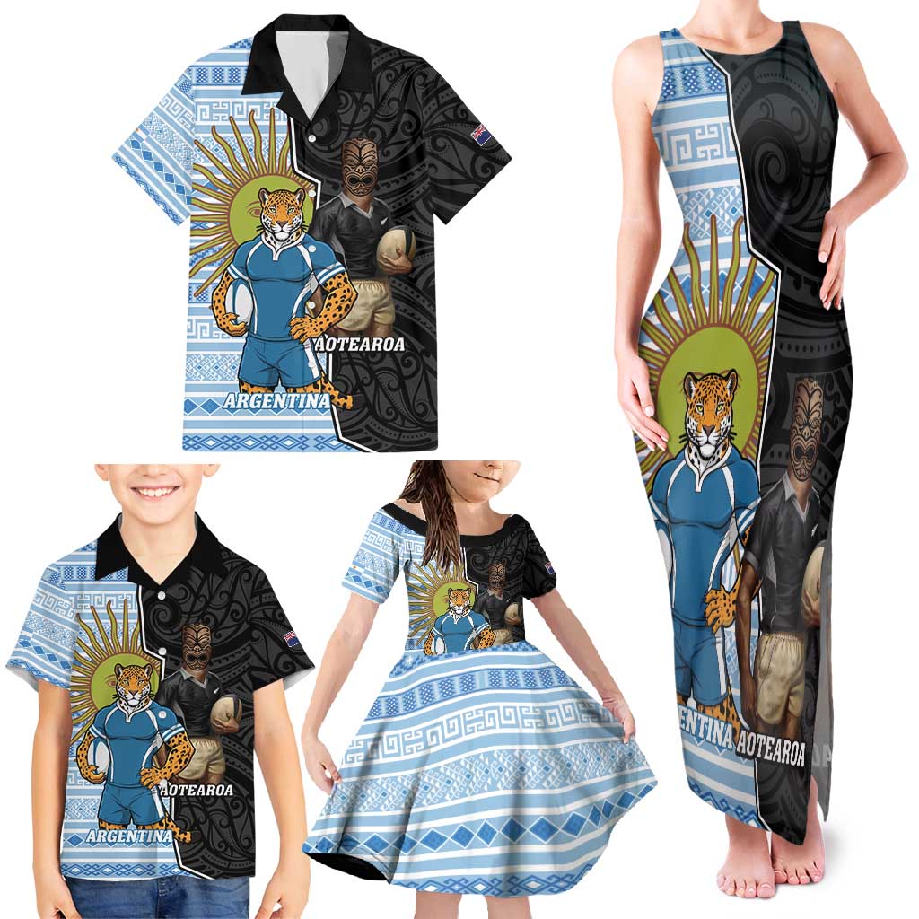 New Zealand Argentina Rugby Custom Family Matching Tank Maxi Dress and Hawaiian Shirt 2025 Los Pumas All Black Together LT14 - Polynesian Pride