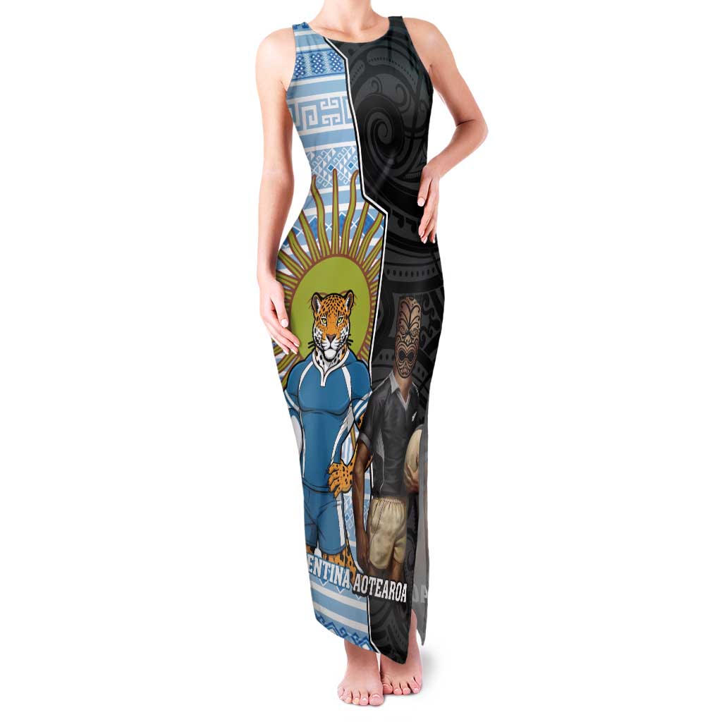 New Zealand Argentina Rugby Custom Family Matching Tank Maxi Dress and Hawaiian Shirt 2025 Los Pumas All Black Together LT14 Mom's Dress Black - Polynesian Pride