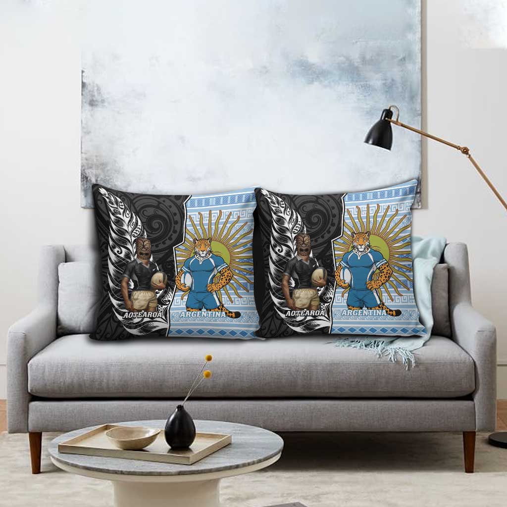 New Zealand Argentina Rugby Pillow Cover 2025 Los Pumas All Black Together - Polynesian Pride