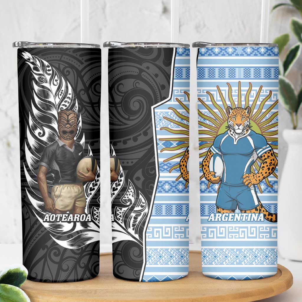 New Zealand Argentina Rugby Skinny Tumbler 2025 Los Pumas All Black Together LT14 - Polynesian Pride