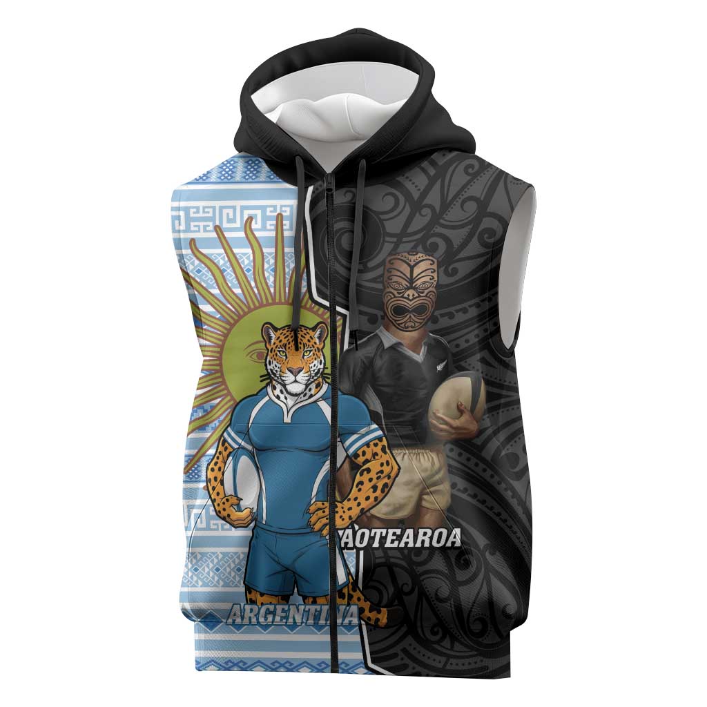 New Zealand Argentina Rugby Custom Sleeveless Zip Hoodie 2025 Los Pumas All Black Together LT14 Black - Polynesian Pride