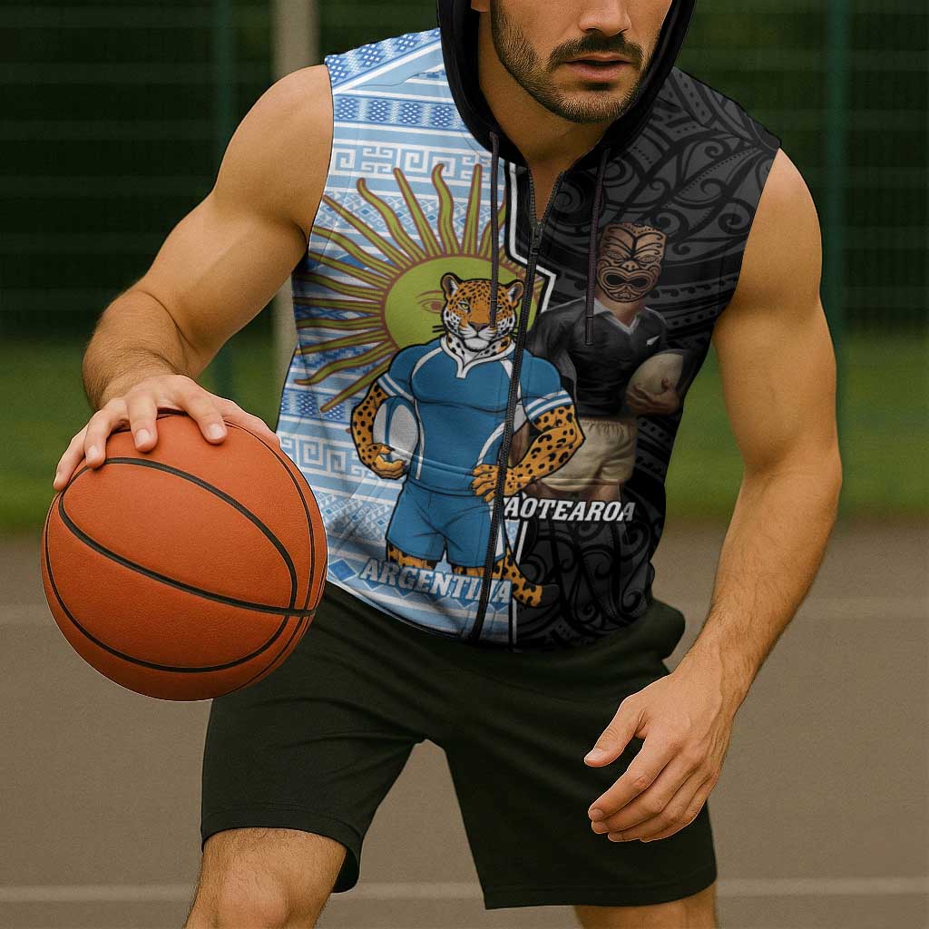 New Zealand Argentina Rugby Custom Sleeveless Zip Hoodie 2025 Los Pumas All Black Together LT14 - Polynesian Pride