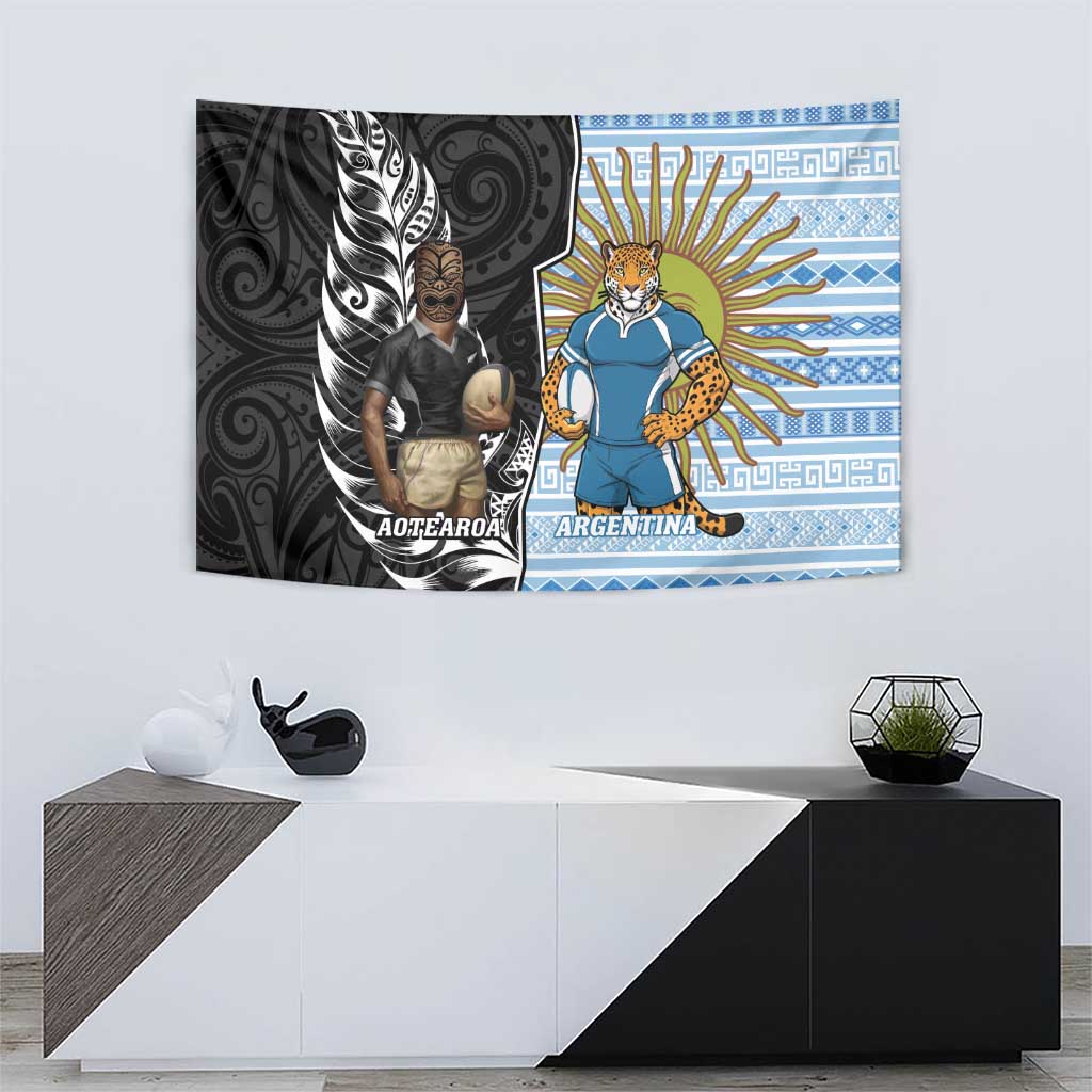 New Zealand Argentina Rugby Tapestry 2025 Los Pumas All Black Together - Polynesian Pride