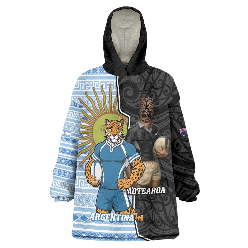 New Zealand Argentina Rugby Custom Wearable Blanket Hoodie 2025 Los Pumas All Black Together LT14 One Size Black - Polynesian Pride