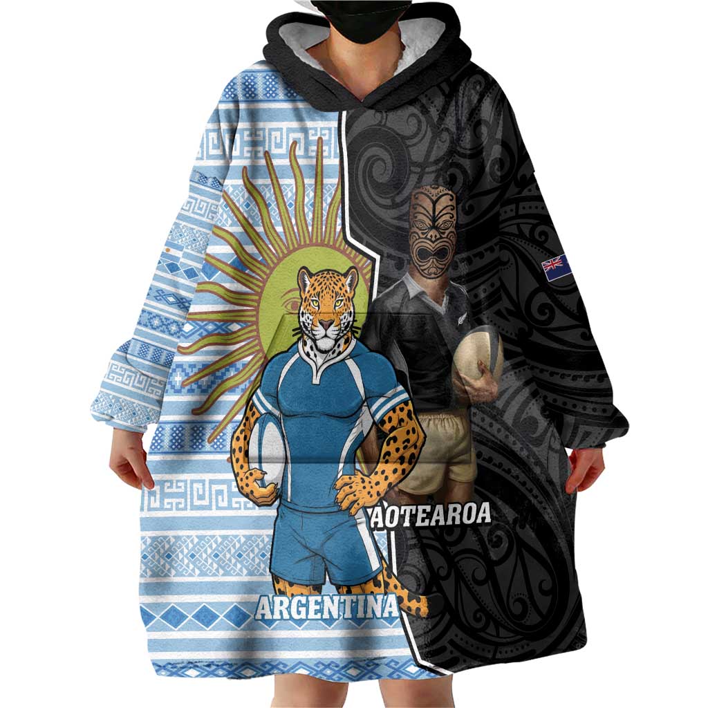 New Zealand Argentina Rugby Custom Wearable Blanket Hoodie 2025 Los Pumas All Black Together LT14 - Polynesian Pride