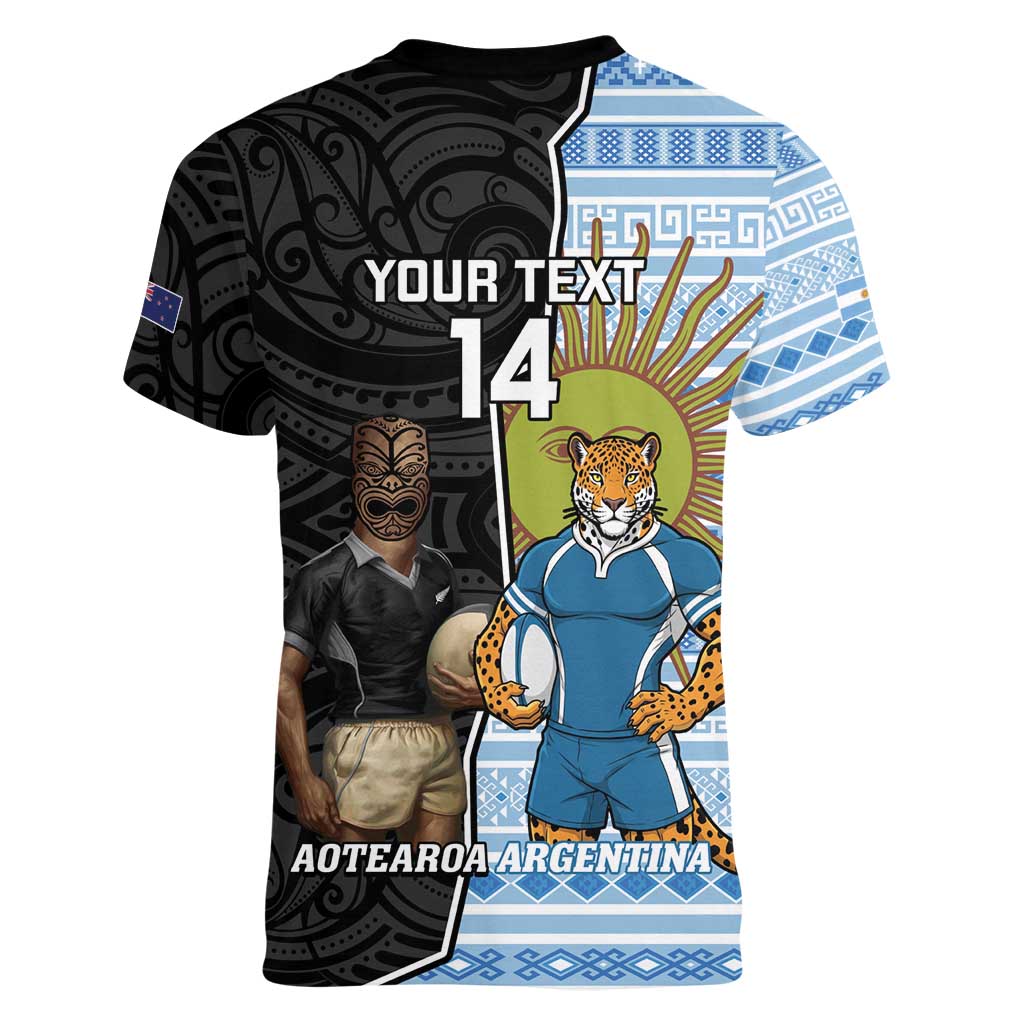 New Zealand Argentina Rugby Custom Women V-Neck T-Shirt 2025 Los Pumas All Black Together LT14 - Polynesian Pride