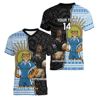 New Zealand Argentina Rugby Custom Women V-Neck T-Shirt 2025 Los Pumas All Black Together LT14 - Polynesian Pride