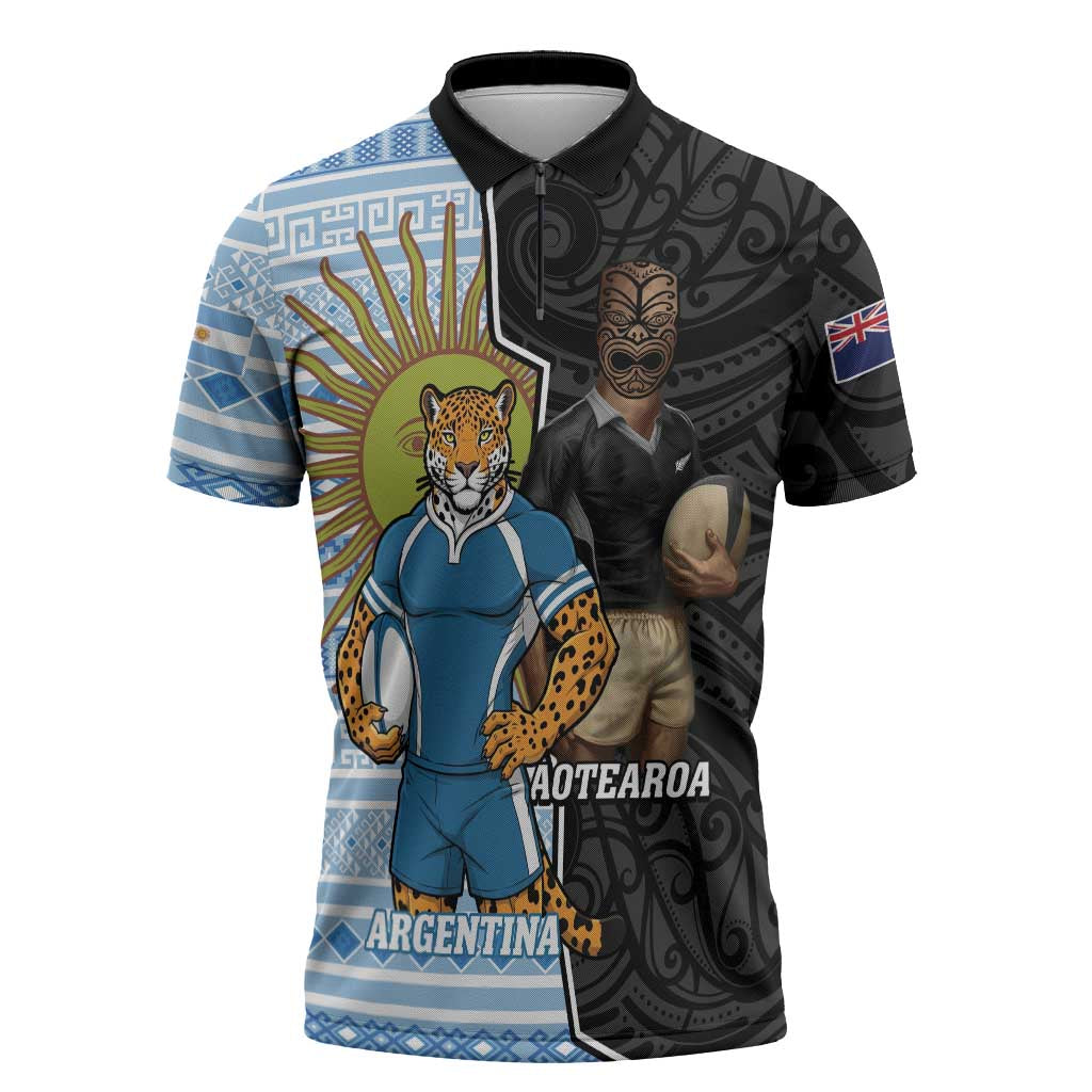 New Zealand Argentina Rugby Custom Zipper Polo Shirt 2025 Los Pumas All Black Together LT14 Black - Polynesian Pride