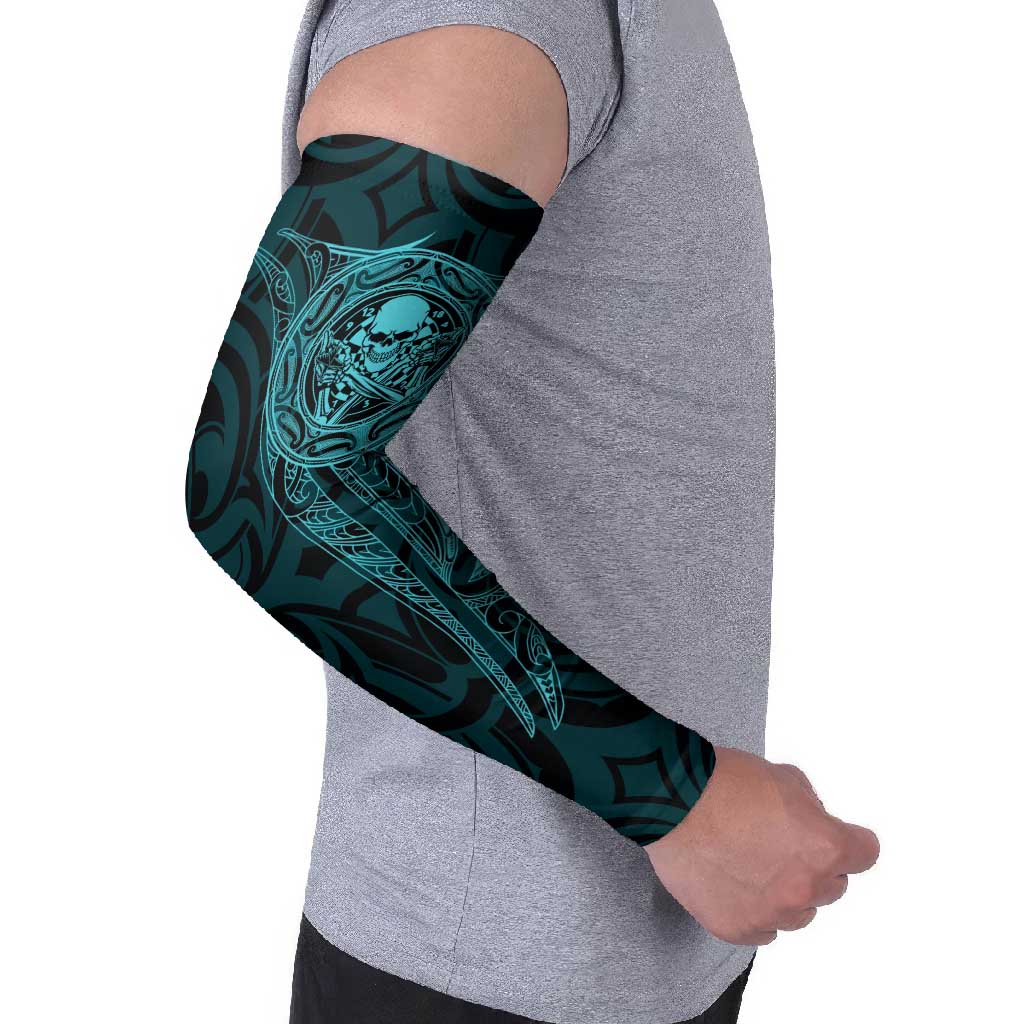 New Zealand Skull Darts Arm Sleeves Aotearoa Maori Chest Tattoo Stylized Teal - Polynesian Pride