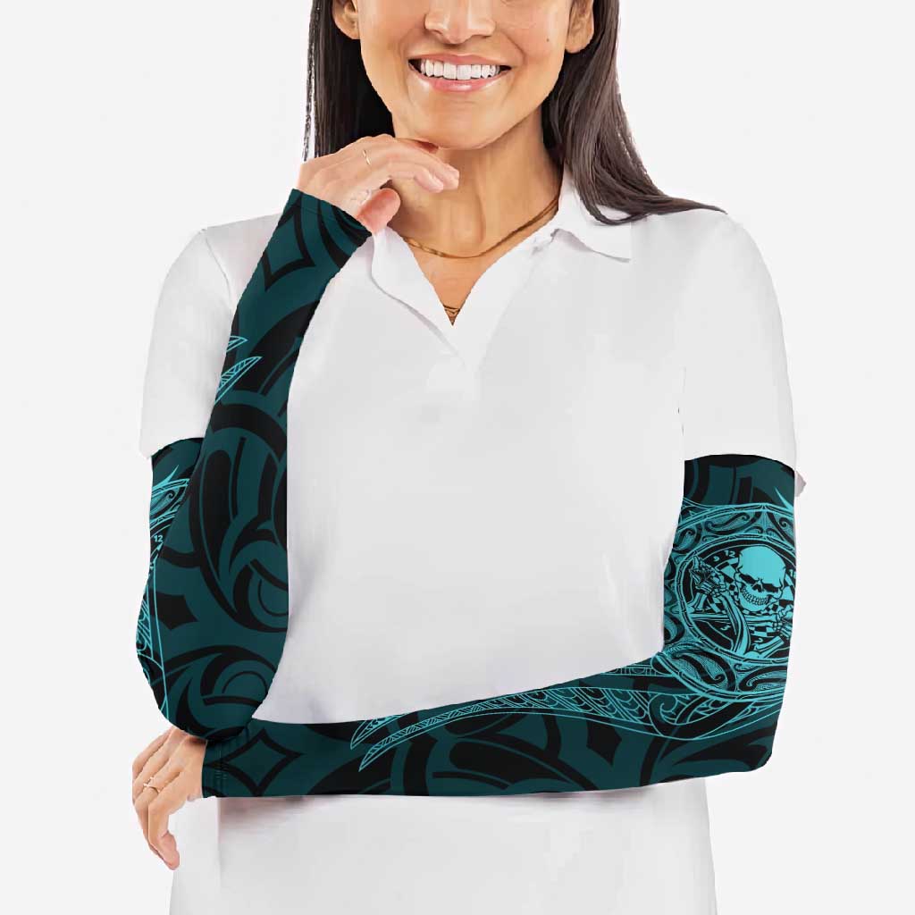 New Zealand Skull Darts Arm Sleeves Aotearoa Maori Chest Tattoo Stylized Teal - Polynesian Pride