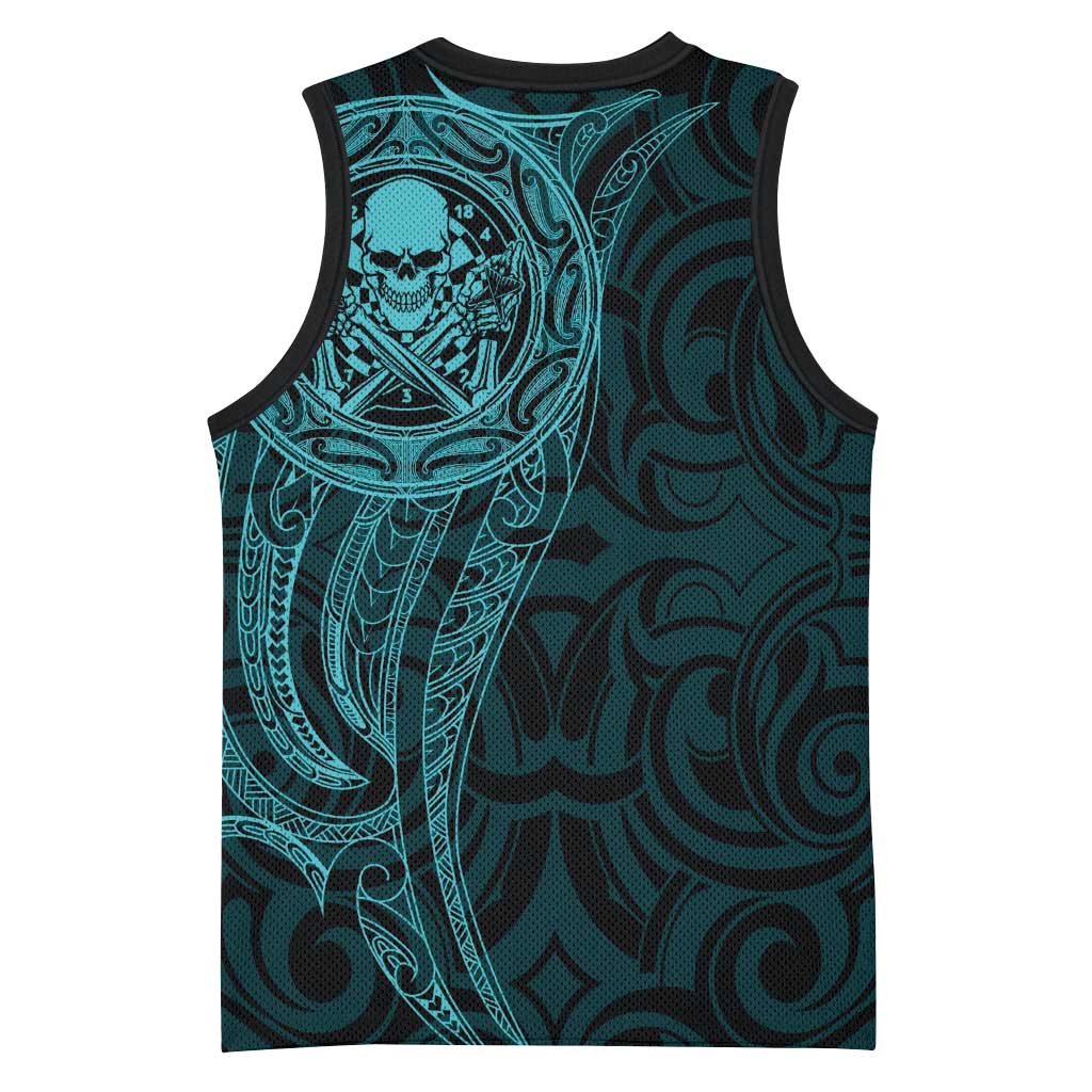 New Zealand Skull Darts Basketball Jersey Aotearoa Maori Chest Tattoo Stylized Teal - Polynesian Pride