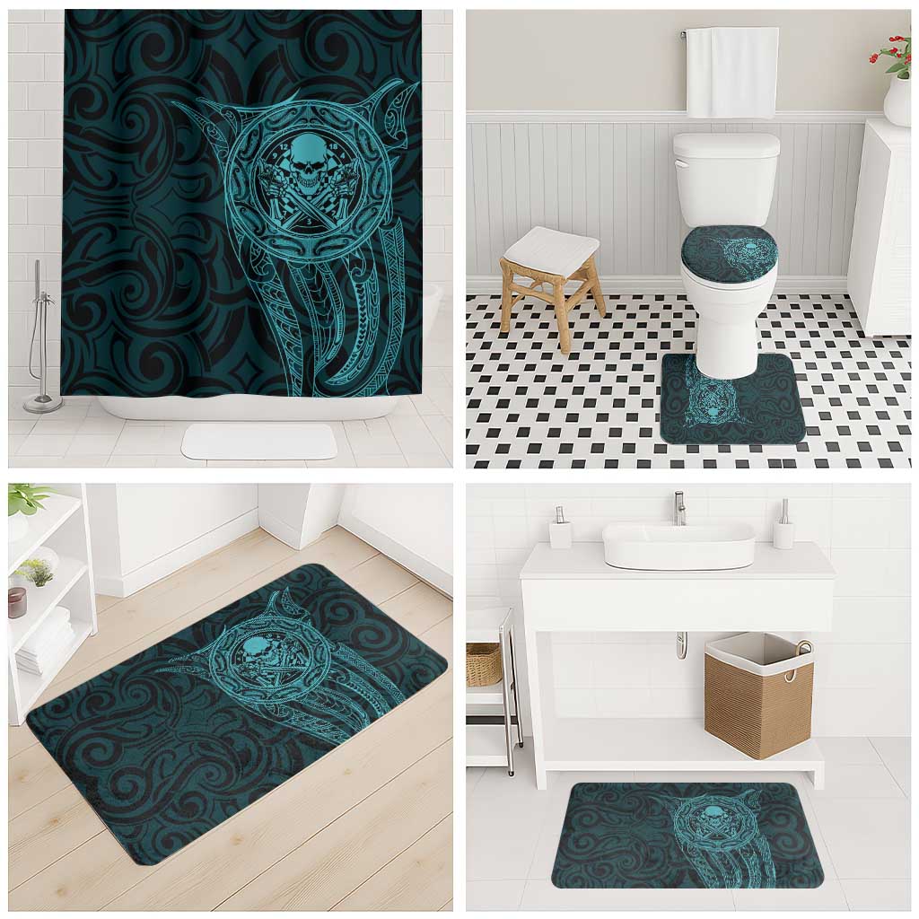 New Zealand Skull Darts Bathroom Set Aotearoa Maori Chest Tattoo Stylized Teal - Polynesian Pride