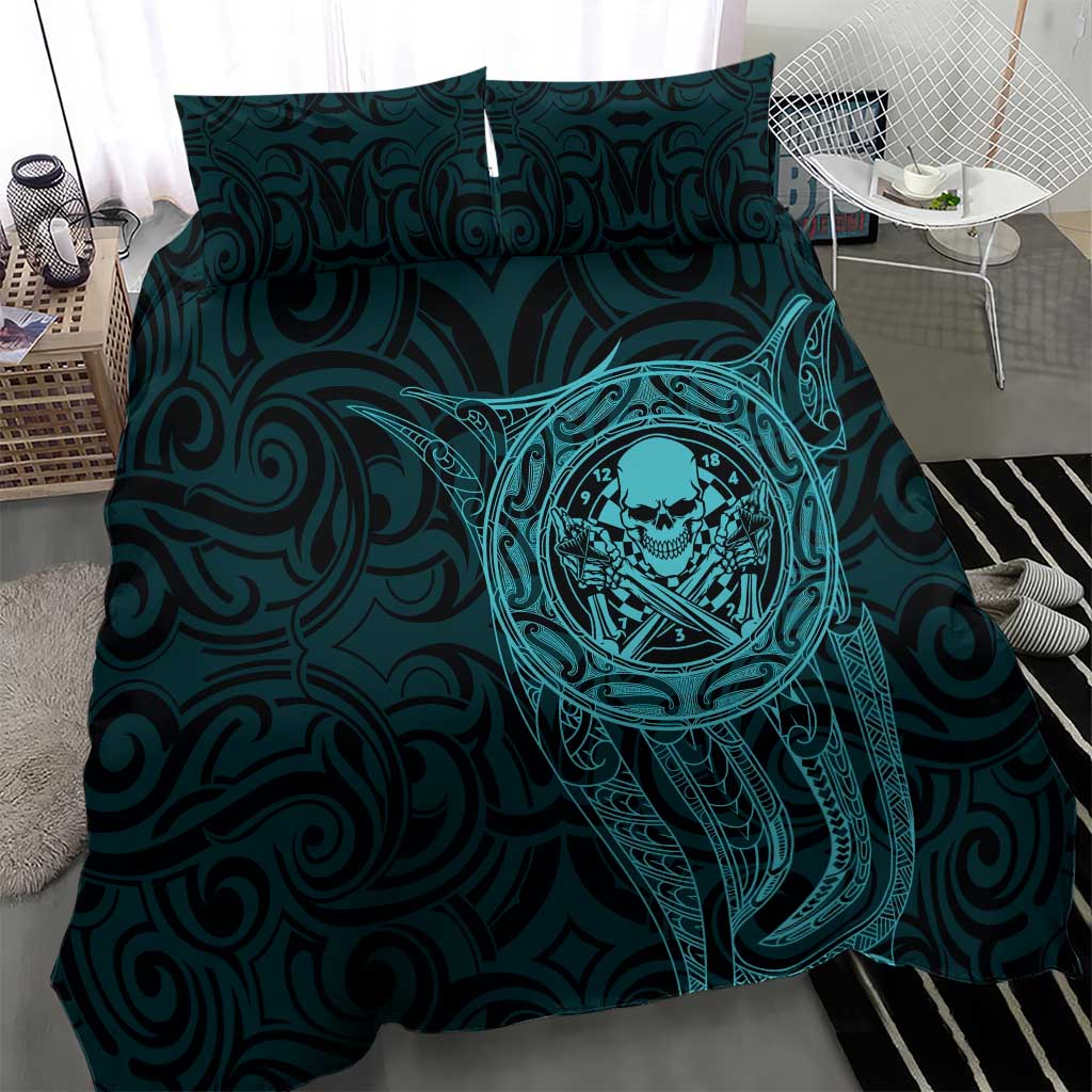 New Zealand Skull Darts Bedding Set Aotearoa Maori Chest Tattoo Stylized Teal LT14 - Polynesian Pride