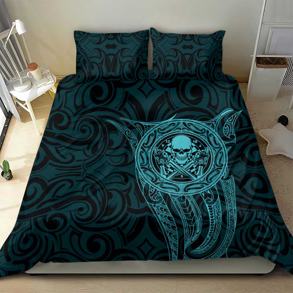 New Zealand Skull Darts Bedding Set Aotearoa Maori Chest Tattoo Stylized Teal LT14 - Polynesian Pride