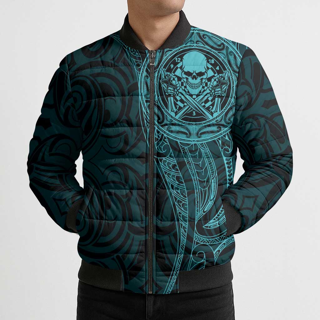 New Zealand Skull Darts Bomber Puffer Jacket Aotearoa Maori Chest Tattoo Stylized Teal - Polynesian Pride