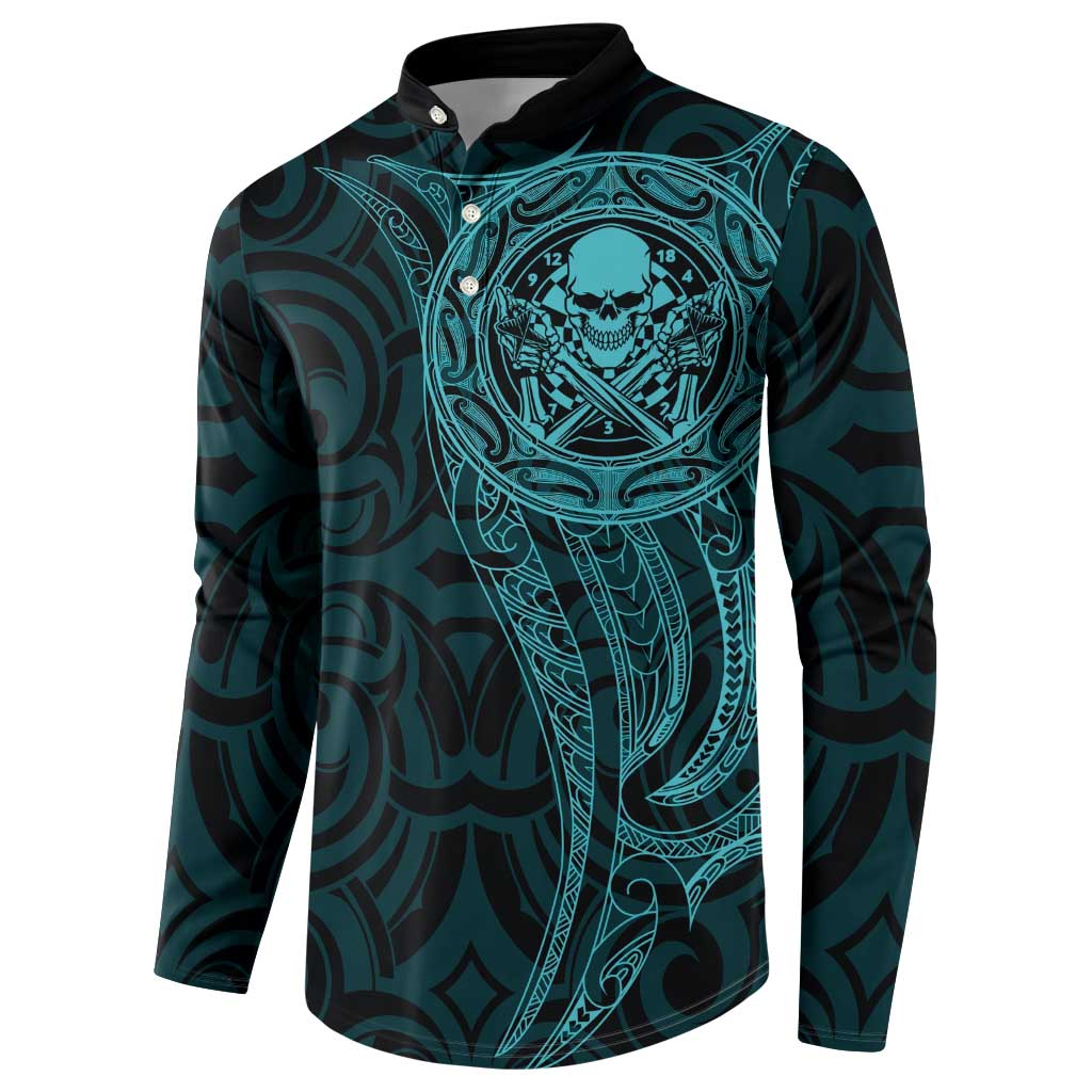 New Zealand Skull Darts Button Sweatshirt Aotearoa Maori Chest Tattoo Stylized Teal - Polynesian Pride