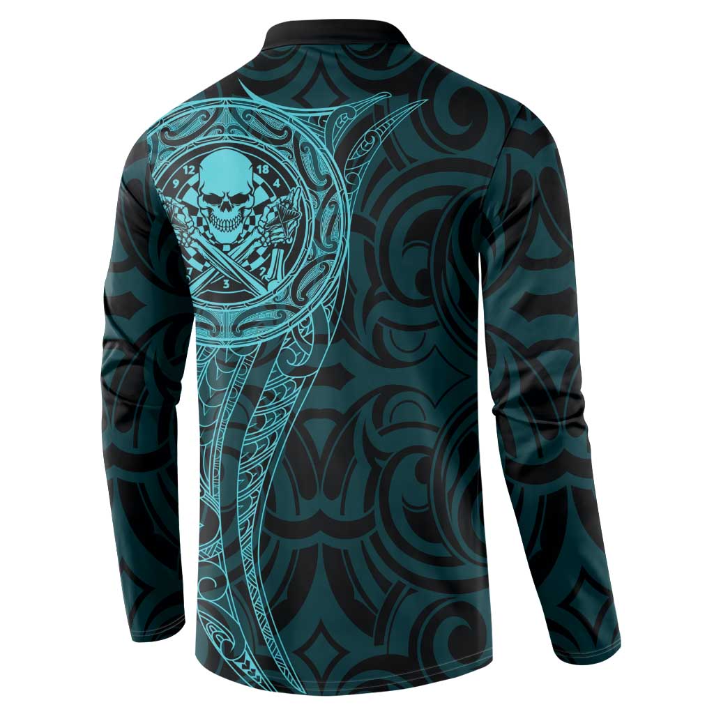 New Zealand Skull Darts Button Sweatshirt Aotearoa Maori Chest Tattoo Stylized Teal - Polynesian Pride