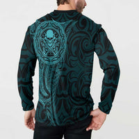 New Zealand Skull Darts Button Sweatshirt Aotearoa Maori Chest Tattoo Stylized Teal - Polynesian Pride