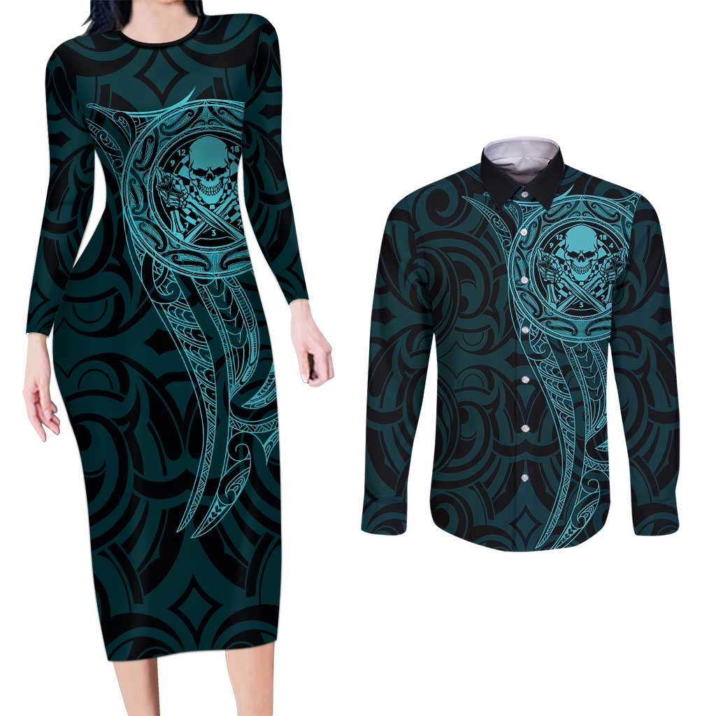 New Zealand Skull Darts Couples Matching Long Sleeve Bodycon Dress and Long Sleeve Button Shirt Aotearoa Maori Chest Tattoo Stylized Teal - Polynesian Pride