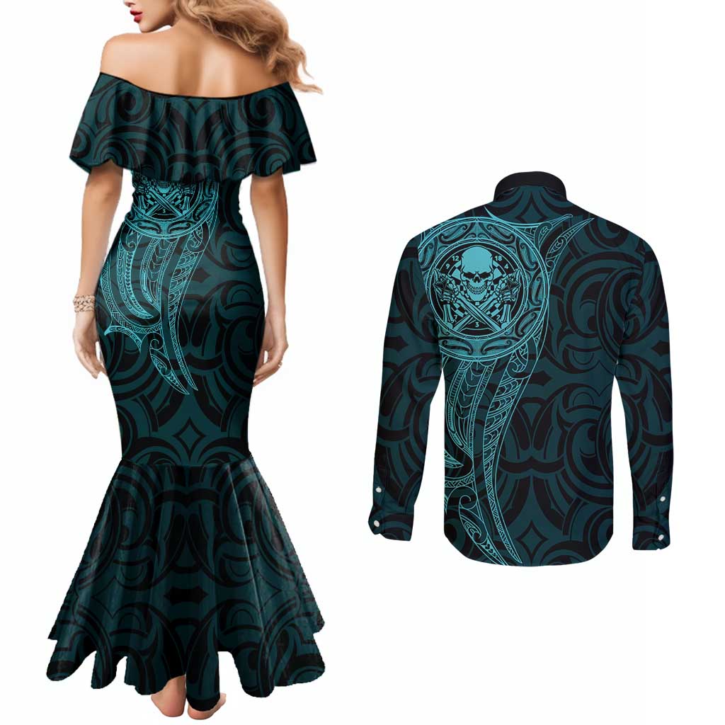 New Zealand Skull Darts Couples Matching Mermaid Dress and Long Sleeve Button Shirt Aotearoa Maori Chest Tattoo Stylized Teal - Polynesian Pride