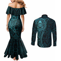 New Zealand Skull Darts Couples Matching Mermaid Dress and Long Sleeve Button Shirt Aotearoa Maori Chest Tattoo Stylized Teal - Polynesian Pride