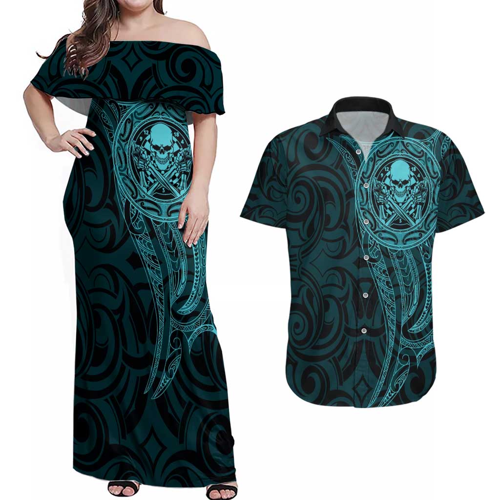 New Zealand Skull Darts Couples Matching Off Shoulder Maxi Dress and Hawaiian Shirt Aotearoa Maori Chest Tattoo Stylized Teal - Polynesian Pride