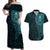 New Zealand Skull Darts Couples Matching Off Shoulder Maxi Dress and Hawaiian Shirt Aotearoa Maori Chest Tattoo Stylized Teal - Polynesian Pride