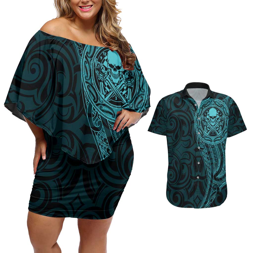 New Zealand Skull Darts Couples Matching Off Shoulder Short Dress and Hawaiian Shirt Aotearoa Maori Chest Tattoo Stylized Teal - Polynesian Pride