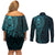 New Zealand Skull Darts Couples Matching Off Shoulder Short Dress and Long Sleeve Button Shirt Aotearoa Maori Chest Tattoo Stylized Teal - Polynesian Pride