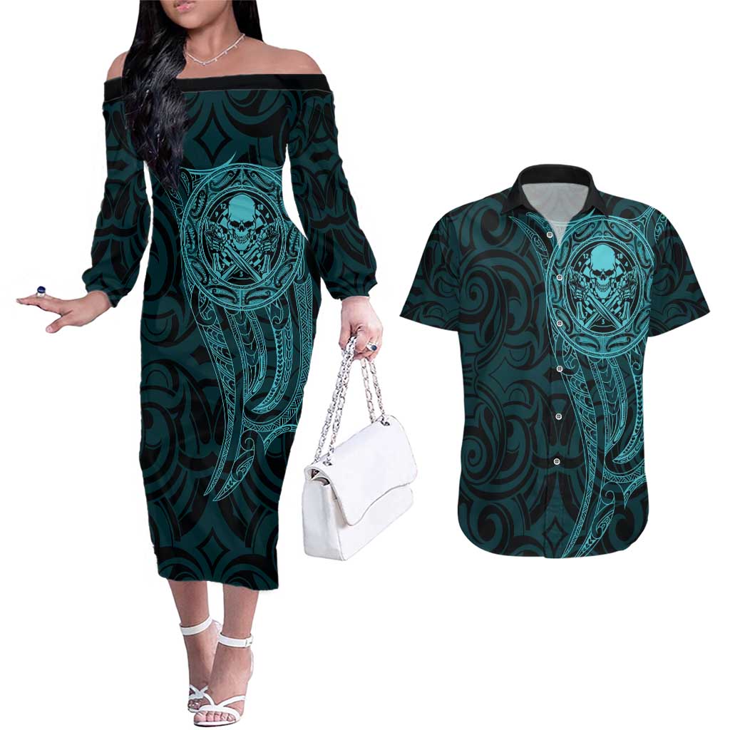 New Zealand Skull Darts Couples Matching Off The Shoulder Long Sleeve Dress and Hawaiian Shirt Aotearoa Maori Chest Tattoo Stylized Teal LT14 Teal - Polynesian Pride