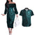 New Zealand Skull Darts Couples Matching Off The Shoulder Long Sleeve Dress and Hawaiian Shirt Aotearoa Maori Chest Tattoo Stylized Teal - Polynesian Pride