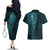 New Zealand Skull Darts Couples Matching Off The Shoulder Long Sleeve Dress and Hawaiian Shirt Aotearoa Maori Chest Tattoo Stylized Teal - Polynesian Pride