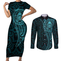 New Zealand Skull Darts Couples Matching Short Sleeve Bodycon Dress and Long Sleeve Button Shirt Aotearoa Maori Chest Tattoo Stylized Teal - Polynesian Pride