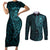 New Zealand Skull Darts Couples Matching Short Sleeve Bodycon Dress and Long Sleeve Button Shirt Aotearoa Maori Chest Tattoo Stylized Teal - Polynesian Pride