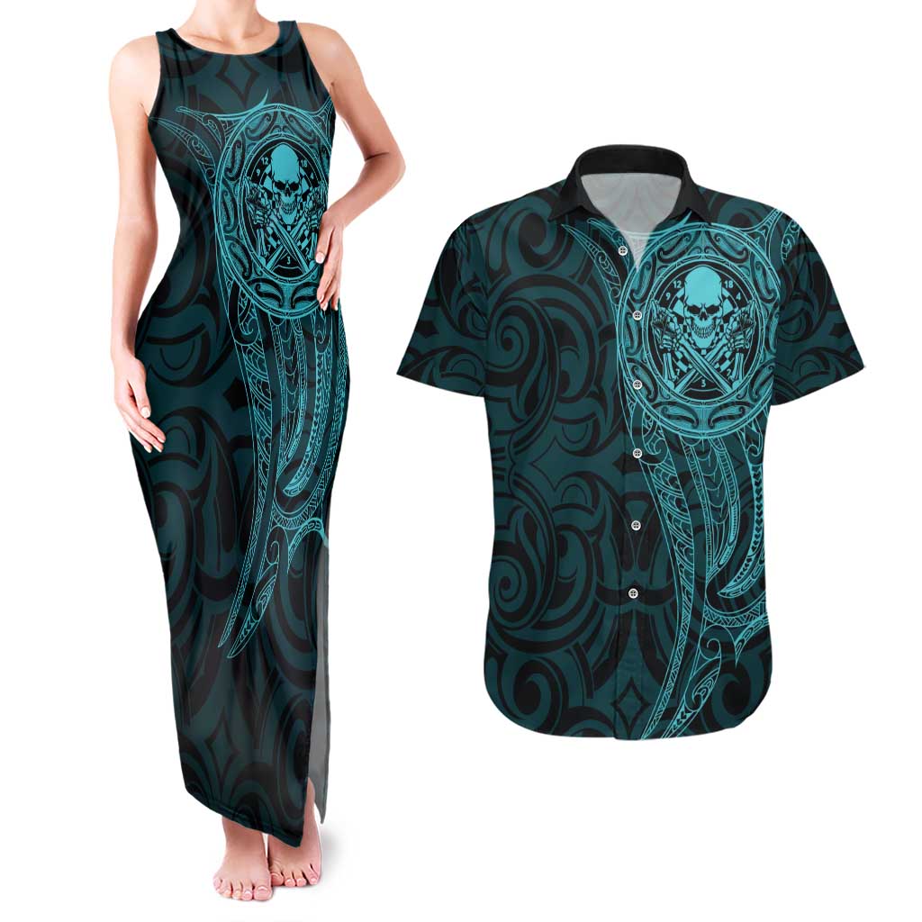 New Zealand Skull Darts Couples Matching Tank Maxi Dress and Hawaiian Shirt Aotearoa Maori Chest Tattoo Stylized Teal - Polynesian Pride