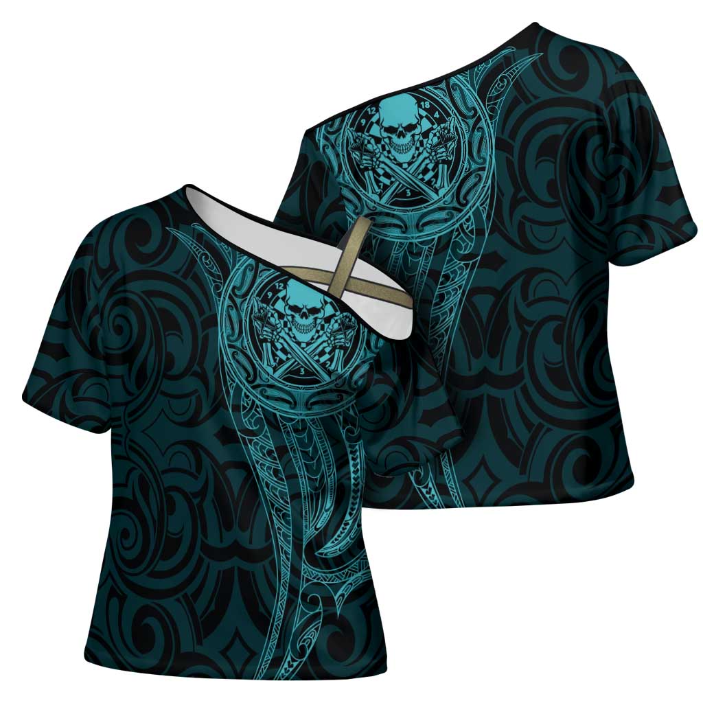 New Zealand Skull Darts Cross Shoulder Shirt Aotearoa Maori Chest Tattoo Stylized Teal - Polynesian Pride